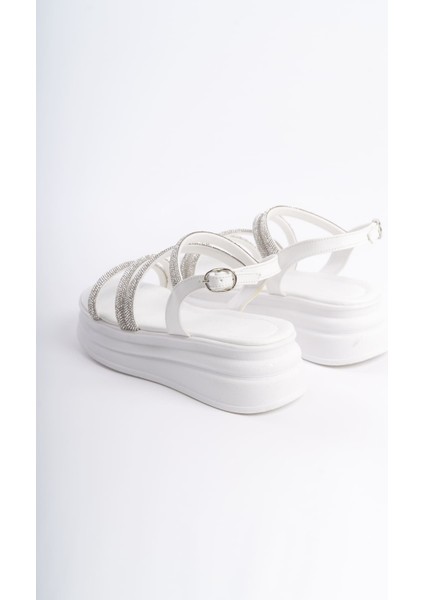 Rıley Ince Tokalı Taşlı Şeritli Ortopedik Taban Kadın Sandalet Cbt - Beyaz indirimleri