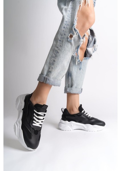 Tokyo Bağcıklı Ortopedik Taban Triko Detaylı Kadın Spor Ayakkabı Tbt - Siyah