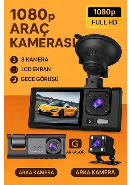 Siyah 1080P Araç Içi 3 Kameralı LCD Ekranlı Gece Görüşlü , G-Sensör , Geri Görüş Kamera