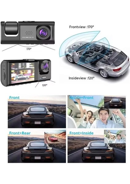 Siyah 1080P Araç Içi 3 Kameralı LCD Ekranlı Gece Görüşlü , G-Sensör , Geri Görüş Kamera