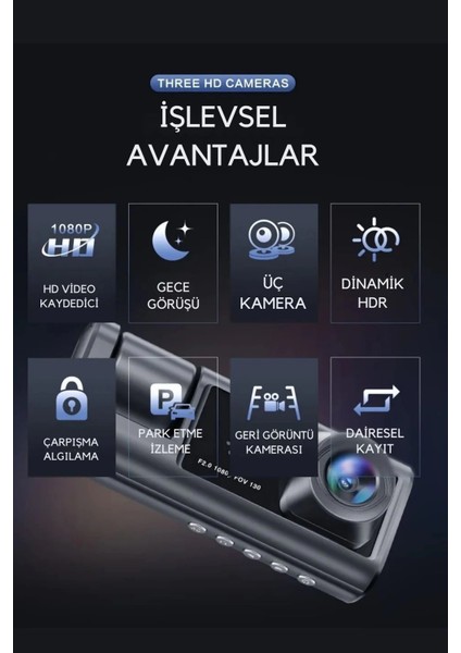 Siyah 1080P Araç Içi 3 Kameralı LCD Ekranlı Gece Görüşlü , G-Sensör , Geri Görüş Kamera