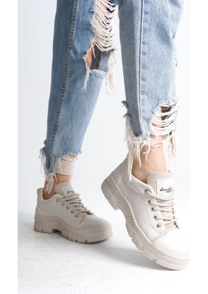 Jane Bağcıklı Ortopedik Taban Kadın Sneaker Spor Ayakkabı Ckt - Krem