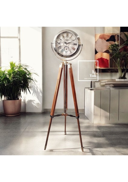 Schalke Tripod Ayaklı Dev Salon Saati, Ahşap Gövdeli Krom Gri Saat, Lüks Ev Ofis Dekoratif Saat