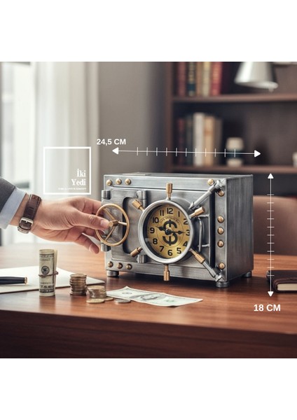 Solanke Krom Metal Para Kasası Tasarımlı Kumbara ve Masa Saati, Dekoratif Retro Ofis Hediyesi Obje