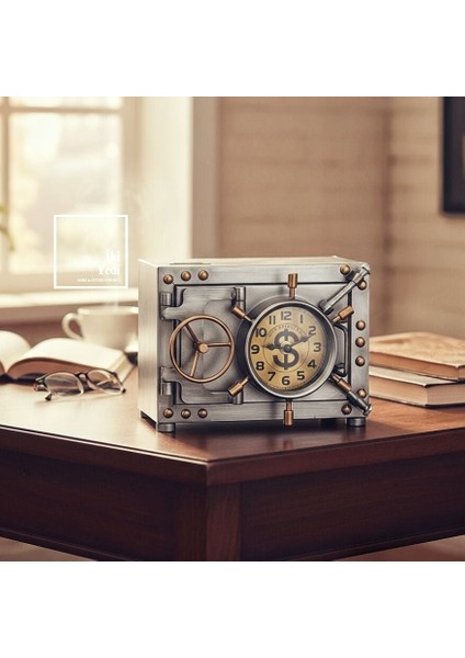 Solanke Krom Metal Para Kasası Tasarımlı Kumbara ve Masa Saati, Dekoratif Retro Ofis Hediyesi Obje fiyatları