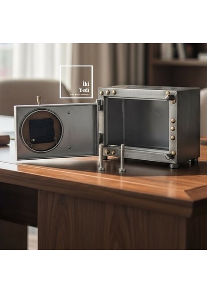 Solanke Krom Metal Para Kasası Tasarımlı Kumbara ve Masa Saati, Dekoratif Retro Ofis Hediyesi Obje modelleri