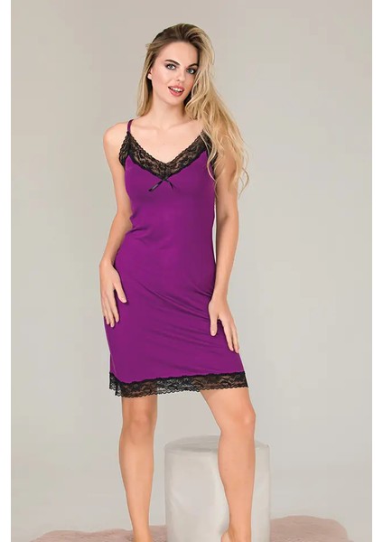 Lady Dantel Detaylı Mor Gecelik