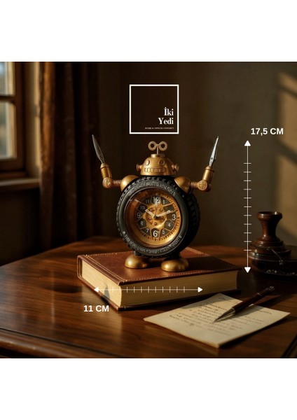 Robot Figürlü Masa Saati | Dekoratif Retro Saat | Ofis Ev Için Şık Hediyelik Saat Obje Not Tutuculu