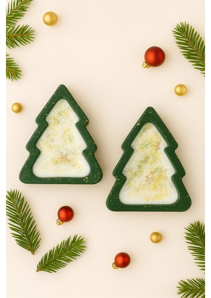 Çam Ağacı Şeklinde 2’li Soya Wax Mum Seti – Sedir Ağacı Kokulu, Seramik Tozu Döküm & El Boyaması