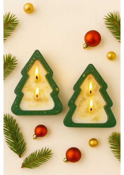 Çam Ağacı Şeklinde 2’li Soya Wax Mum Seti – Sedir Ağacı Kokulu, Seramik Tozu Döküm & El Boyaması fırsatları