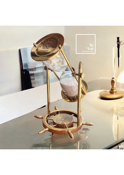 Kelvin Hughes 1917 London Kum Saati, Pusulalı Pirinç Dümen Obje, Denizcilik Temalı Ofis Hediyesi