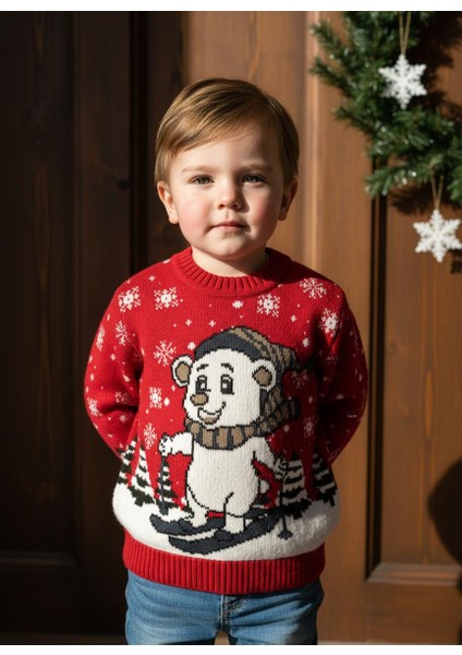 Unisex Çocuk Kırmızı Kayakçı Ayıcık Desenli Yılbaşı Kazak