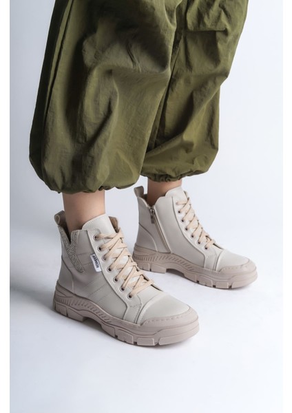 Amber Bağcıklı Fermuarlı Ortopedik Taban Kadın Bot Ckt - Krem