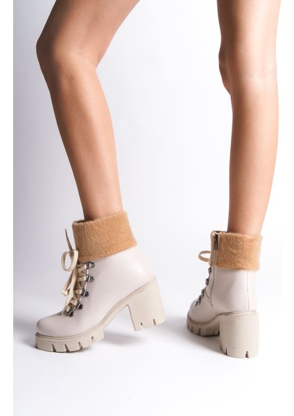 Emma Bağcıklı Fermuarlı Ortopedik Taban Topuklu Kürk Detaylıkadın Bot Ckt - Krem modelleri