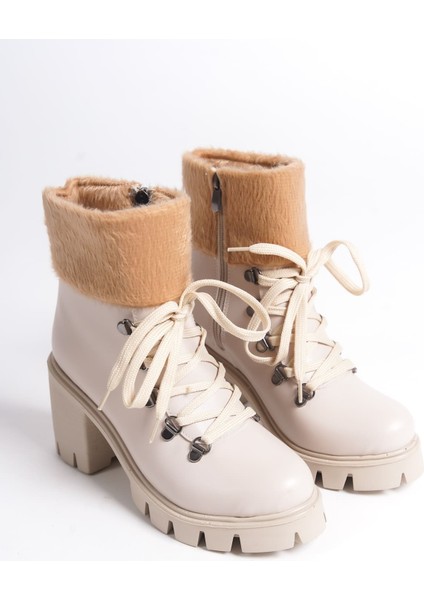 Emma Bağcıklı Fermuarlı Ortopedik Taban Topuklu Kürk Detaylıkadın Bot Ckt - Krem fırsatları