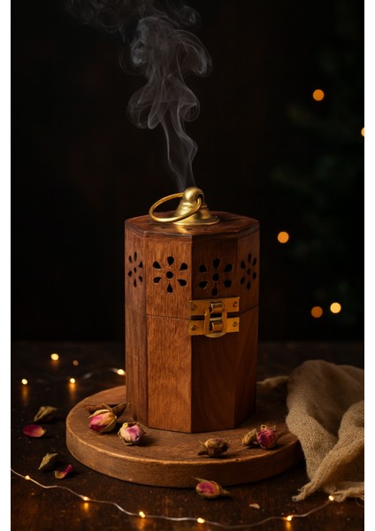 Ahşap Oymalı Pirinç Kapaklı Tütsülük – El Yapımı Dekoratif Buhurdanlık – Gül Motifli Tasarım – Hediyelik Aromaterapi Kutusu