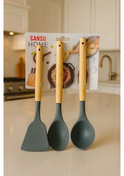 Stil Silikon Bambu Saplı Servis Seti 3’lü | Spatula, Kepçe ve Servis Kaşığı fırsatları