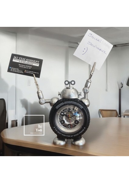 Robinio 77-1 Gri Robot Masa Saati, Not ve Kart Tutuculu Dekoratif Saat, Ofis Hediyesi Aksesuar
