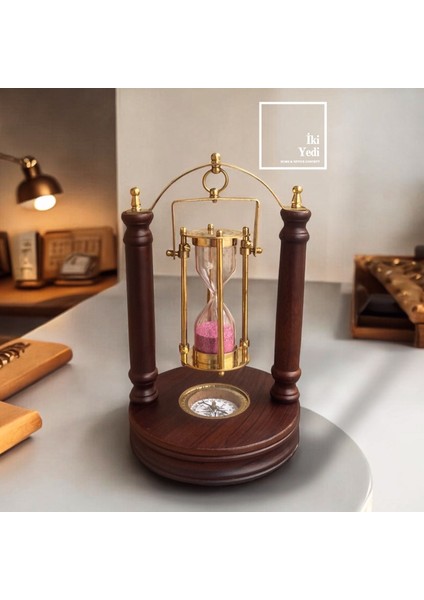 Pascal Ahşap Pirinç Kum Saati, Pusulalı Antik Görünümlü Obje, Dekoratif Ofis Masaüstü Hediyesi