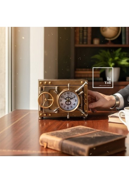 Solanke Bronz Metal Para Kasası Tasarımlı Kumbara ve Masa Saati, Dekoratif Retro Ofis Hediyesi Obje fiyatları