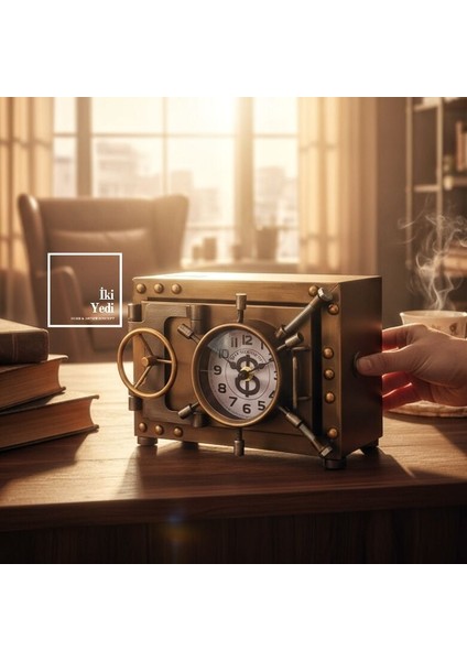 Solanke Bronz Metal Para Kasası Tasarımlı Kumbara ve Masa Saati, Dekoratif Retro Ofis Hediyesi Obje fırsatları