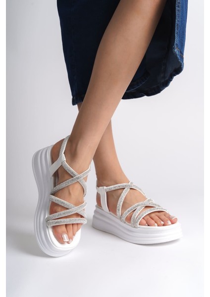 Elena Lastikli Taşlı Şeritli Ortopedik Taban Kadın Sandalet Cbt - Beyaz