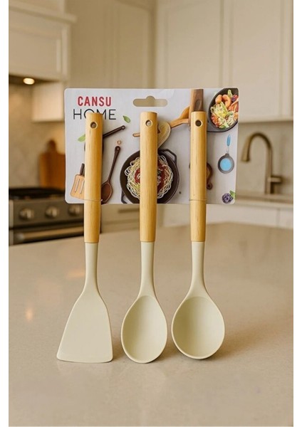 Stil Silikon Bambu Saplı Servis Seti 3’lü | Spatula, Kepçe ve Servis Kaşığı modelleri