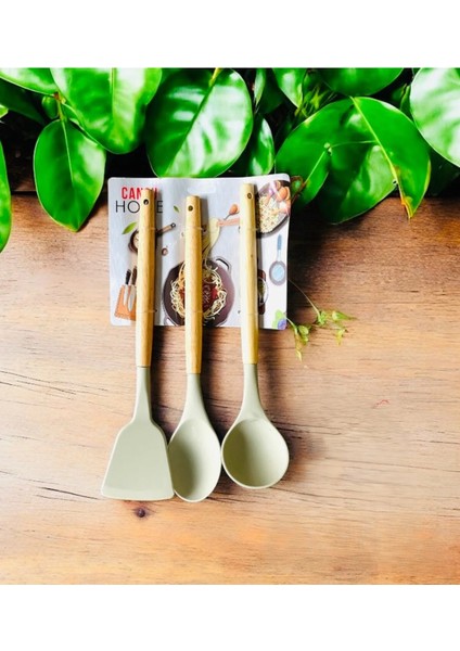 Stil Silikon Bambu Saplı Servis Seti 3’lü | Spatula, Kepçe ve Servis Kaşığı