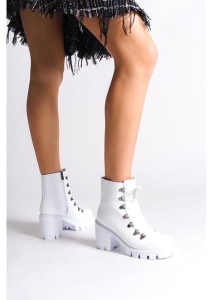 Emma Bağcıklı Fermuarlı Ortopedik Taban Topuklu Kadın Bot Cbt - Beyaz