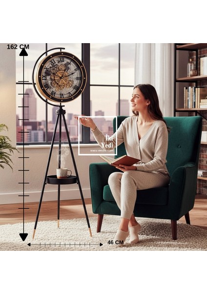 Atalanta 162 cm Siyah Tripod Ayaklı Metal Döner Çarklı Tepsili Salon Saati Lüks Ofis Hediyesi Ev Iş