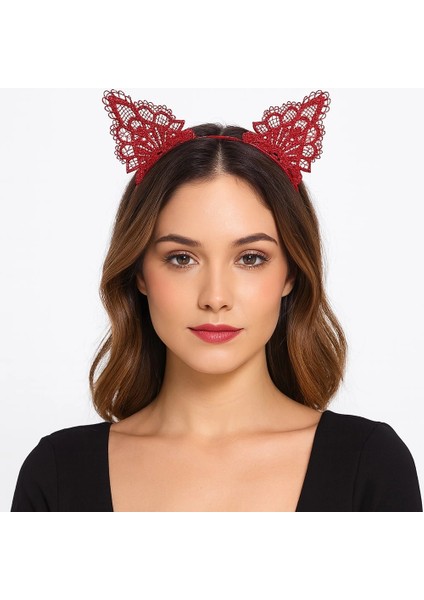 Dantelli Kırmızı Kedi Tacı - Vintage Tarz Dantel Kedi Kulak