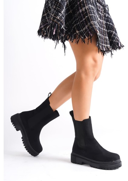 Lora Bağcıksız Lastikli Süet Ortopedik Taban Kadın Bot Sst - Siyah