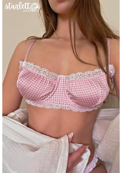Pembe Balenli Dantelli Desteksiz Saten Iç Giyim Sütyen Takımı Iç Çamaşır Takımı
