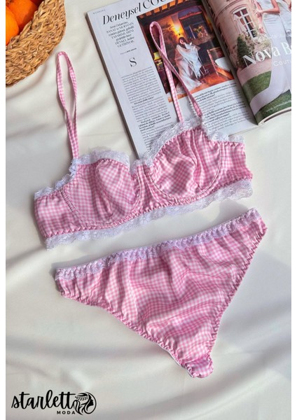 Pembe Balenli Dantelli Desteksiz Saten Iç Giyim Sütyen Takımı Iç Çamaşır Takımı fırsatları