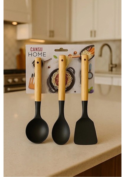 Stil Silikon Bambu Saplı Servis Seti 3’lü | Spatula, Kepçe ve Servis Kaşığı