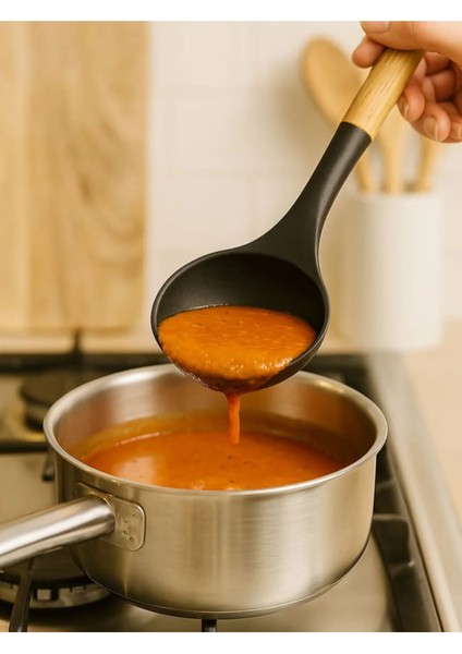 Stil Silikon Bambu Saplı Servis Seti 3’lü | Spatula, Kepçe ve Servis Kaşığı fırsatları