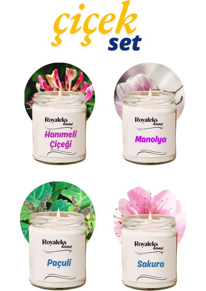 4 Adet Doğal Özel Seri Kokulu Dekoratif Kavanoz Mum 4X210 cc - Çiçek Seti - Ryl
