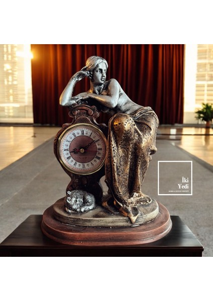 Pamela Viktoryen Şömine Masa Saati, Kadın ve Kedi Temalı Antik Obje, Lüks Ev Ofis Hediyelik