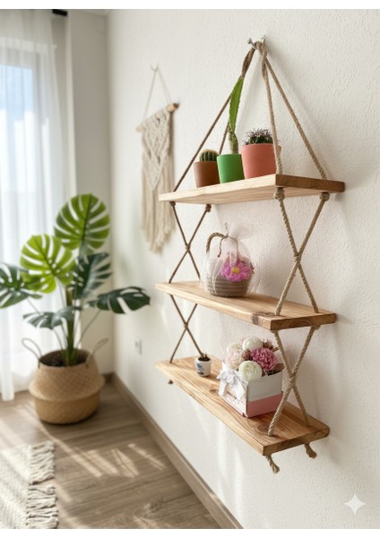 Halatlı Ahşap Duvar Rafı