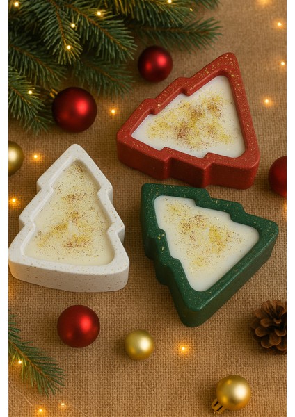 Çam Ağacı Şeklinde 2’li Soya Wax Mum Seti – Sedir Ağacı Kokulu, Seramik Tozu Döküm & El Boyaması