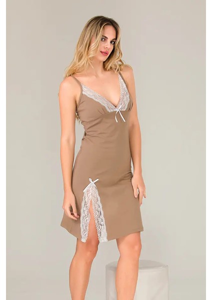 Lady Açık Kahve Mini Yırtmaç Penye Gecelik