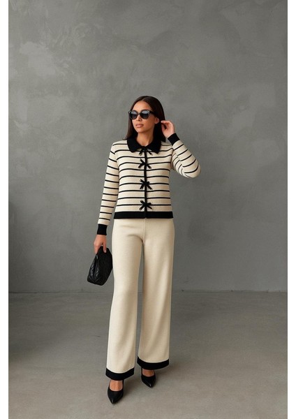 Kadın Şerit Detay Bol Paça Pantolonlu Ikılı Takım