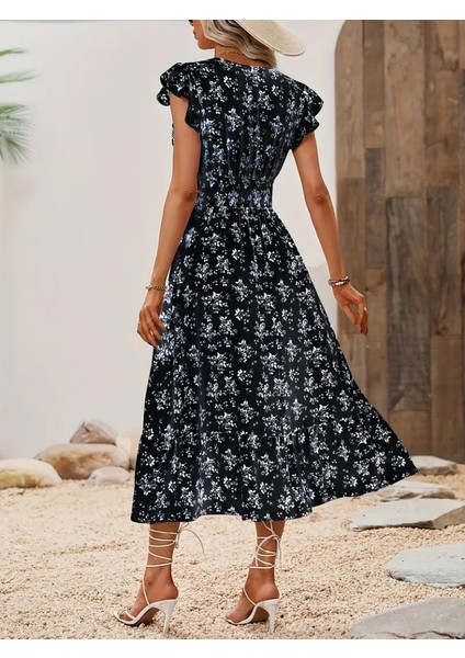 Ulak Handmader Kadın Kısa Kollu Kruvaze Yakalı Beli Lastikli Çiçek Desenli Elbise fırsatları