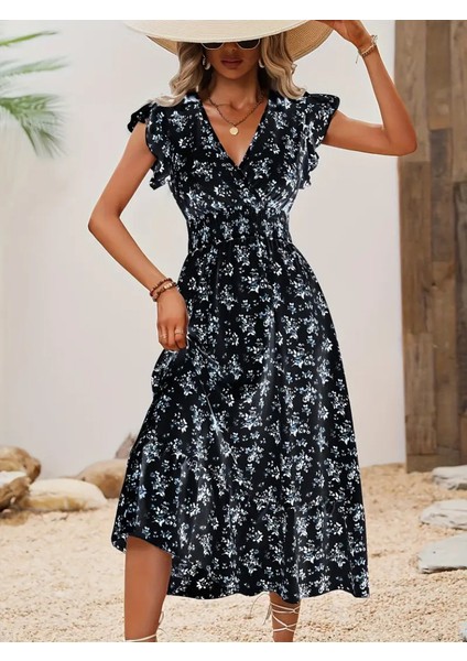 Ulak Handmader Kadın Kısa Kollu Kruvaze Yakalı Beli Lastikli Çiçek Desenli Elbise indirimleri