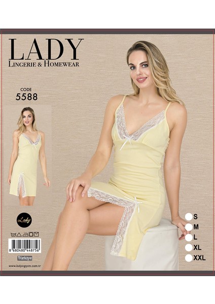 Lady Açık Sarı Mini Yırtmaç Penye Gecelik