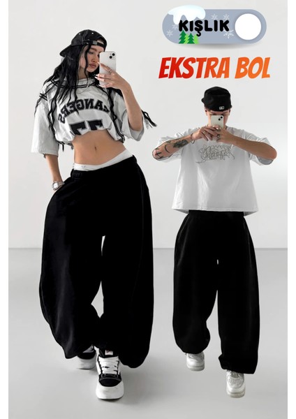 Kışlık Kalın Paçası Ayarlanabilir Oversize Baggy Büyük Beden Eşofman Altı