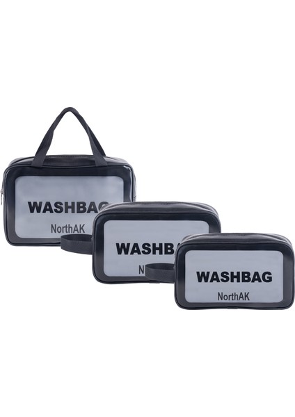 Şeffaf Seyahat Makyaj Çantası3’lü Set - Kozmetik ve Makyaj Çantası Büyük Boy Washbag Siyah