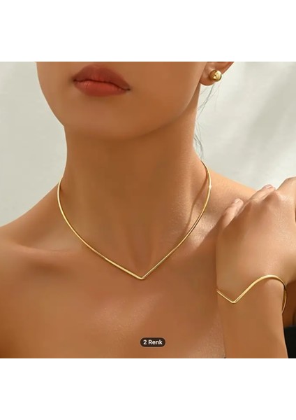 Altın Kaplama Çelik Üç Parça Choker Küpe Bileklik Set