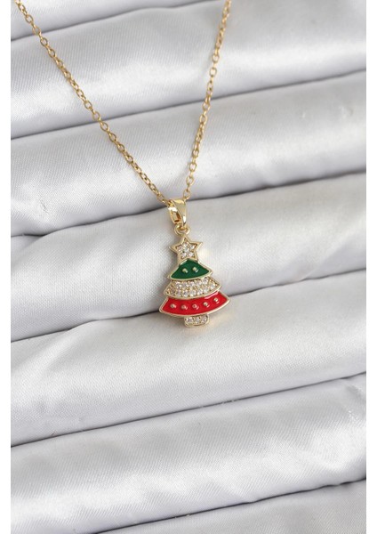 316L Çelik Zincir Gold Ren Çam Ağacı Model Zirkon Taşlı Yılbaşı Temalı Kadın Kolye