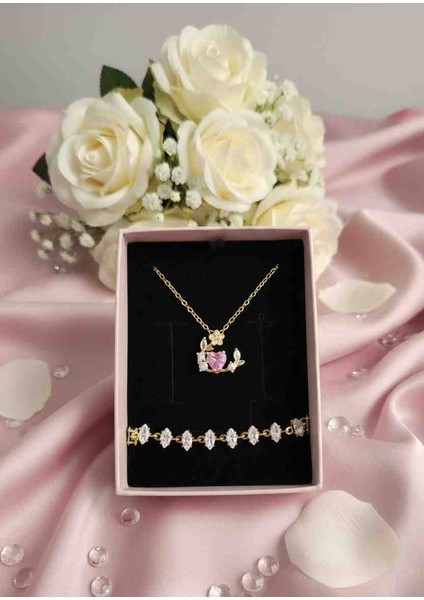 Pembe Kalpli Çelik Kolye Bileklik Seti | Kararmaz Zirkon Taşlı